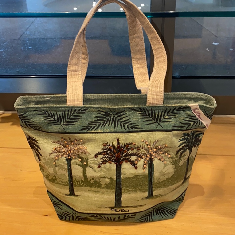Paul Brent sun and sand, bag gorgeous palm trees artfully done canvas, tote bag